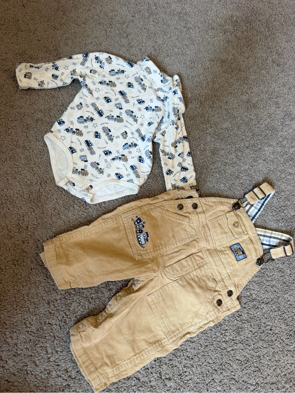 Koala Kids Tan Corduroy Overalls with Blue Vehicle Accents